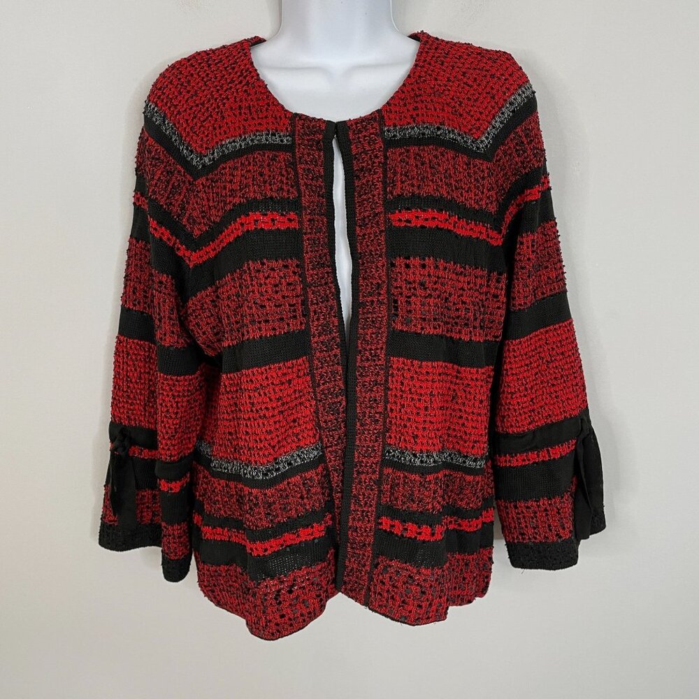 Ming Wang Crochet Jacket Women PM Red Knit Cardigan Preppy Business Casual Party
